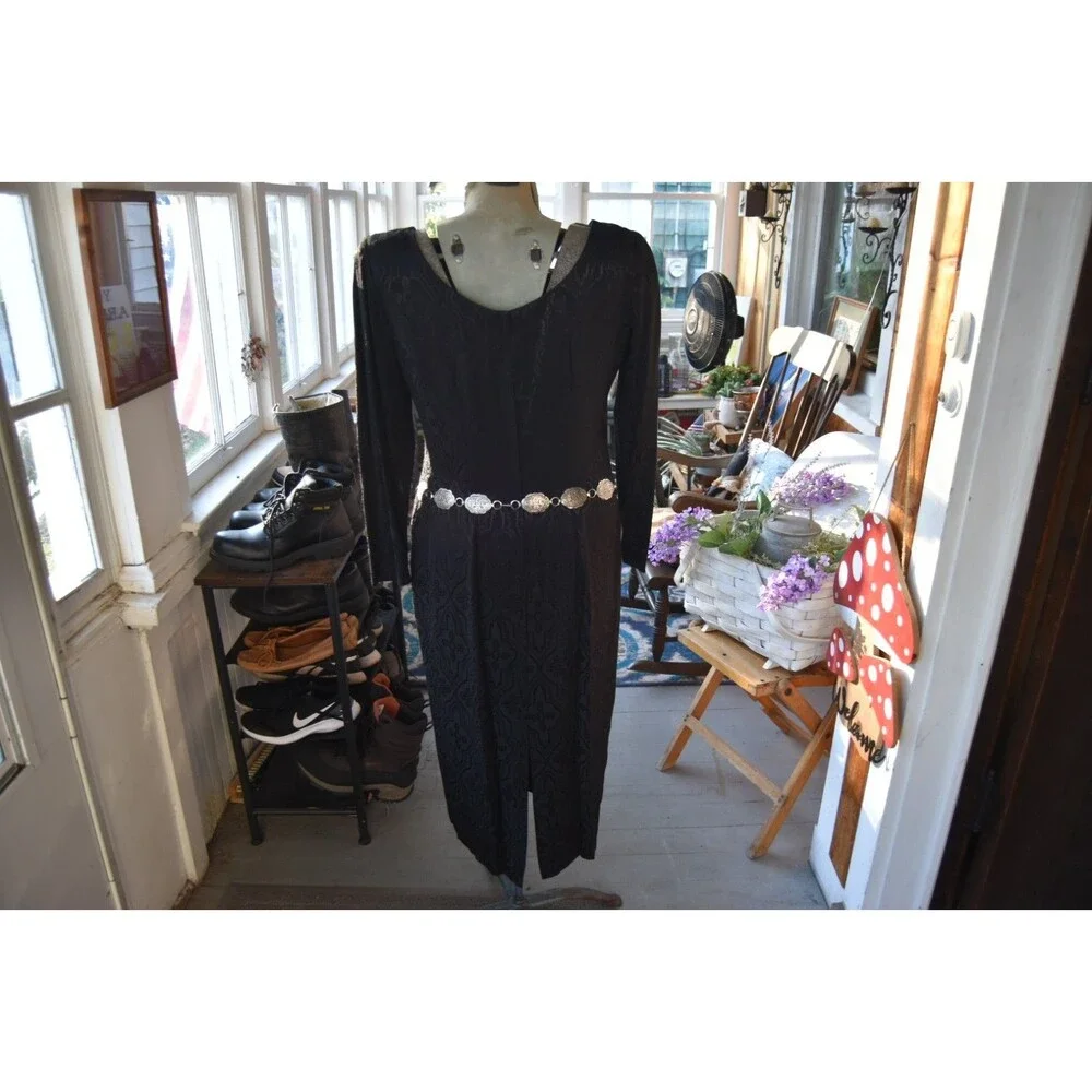 Vintage 1980s Santa Fe Dress Black Brocade Lined W Silver Tone Belt Size Medium